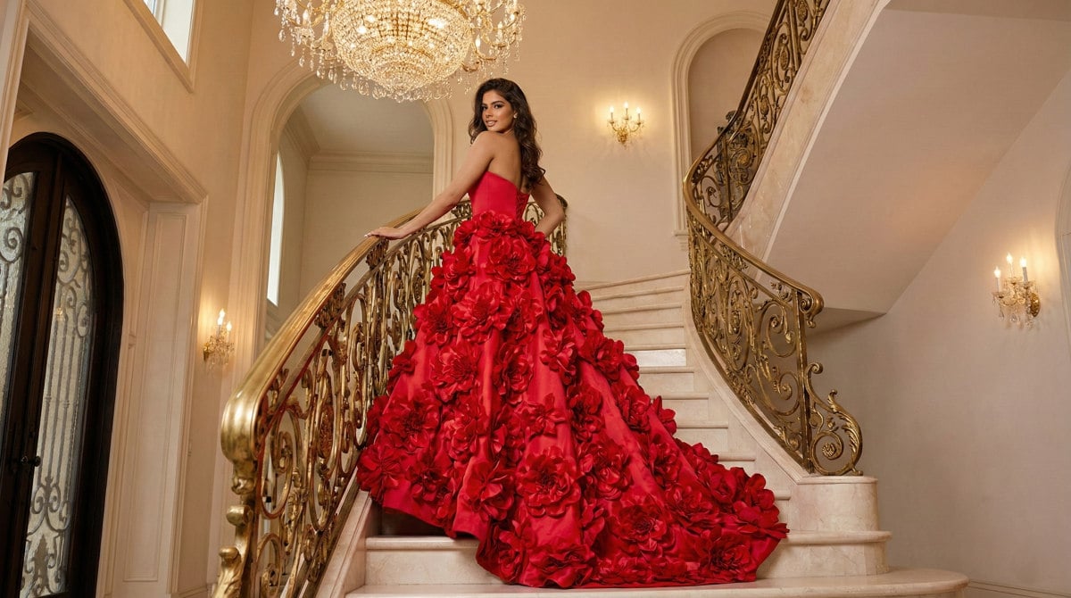 Woman wearing a voluminous red floral ball gown on a grand staircase, illustrating luxury prom fashion.