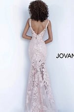 Back view of Jovani 60283 pink gown showcasing intricate floral lace.
