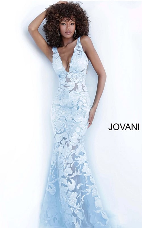 model wearing Jovani 60283 light blue dress with floral applique, front view