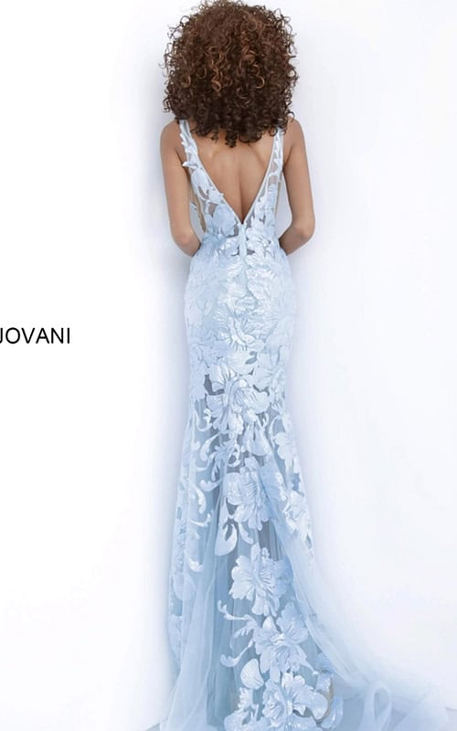 Model wearing Jovani 60283 Light Blue Floral Appliques Prom Dress