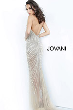 Model wearing Jovani 2609 nude dress with low back, back view.