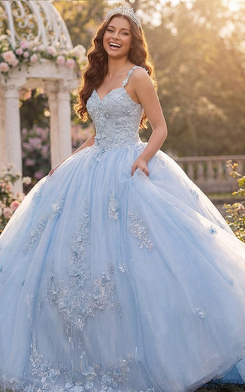 Blue floral bodice puffy ball gown