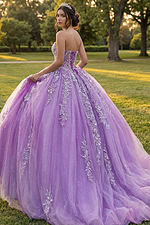 Lace-up back lavender ball gown with embroidered tulle overlay