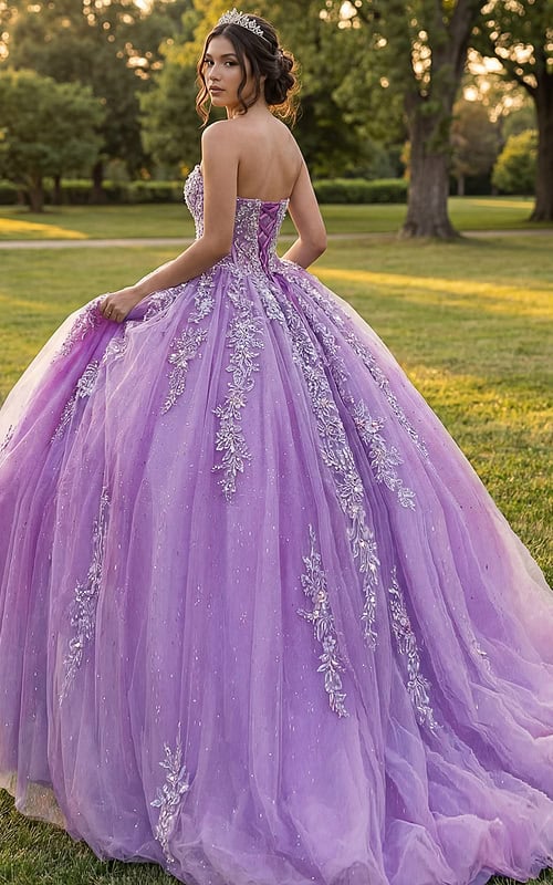 Lace-up back lavender ball gown with embroidered tulle overlay