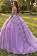 Sparkly lavender tulle ball gown with floral embroidery panels
