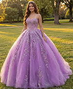 Strapless sweetheart lavender ball gown with structured corset bodice