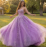 Lavender embroidered tulle ball gown with full skirt and train