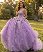 Beaded lavender quinceañera ball gown with corset waist detailing