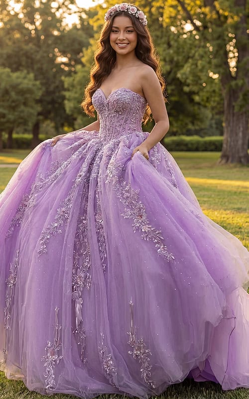 Beaded lavender quinceañera ball gown with corset waist detailing