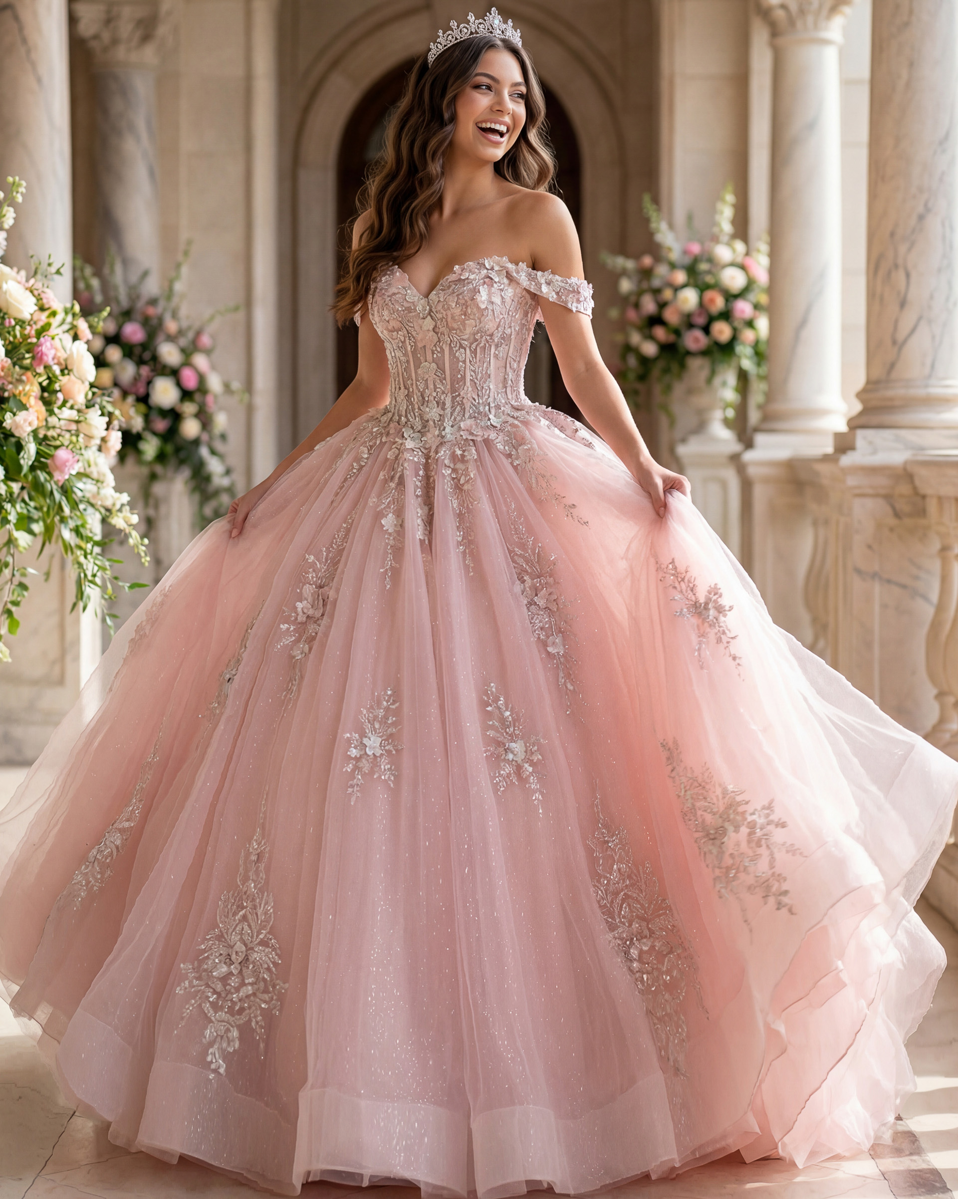 Q43434-3 pink corset bodice ball gown decorated with floral applique Q43434