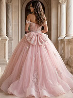 back of a pink ball gown with bow detail Q43434