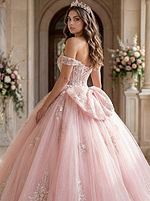 side of corset bodice ball gown with big bow in the back  Q43434