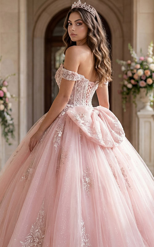 side of corset bodice ball gown with big bow in the back  Q43434