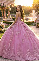 Lace-up corset pink ball gown with floral appliqué skirt panels