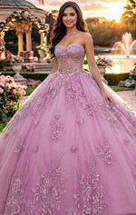 Strapless pink tulle ball gown with 3D floral appliqués and sparkle