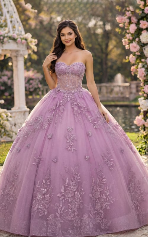 Strapless sweetheart pink ball gown with embellished bodice and tulle overlay
