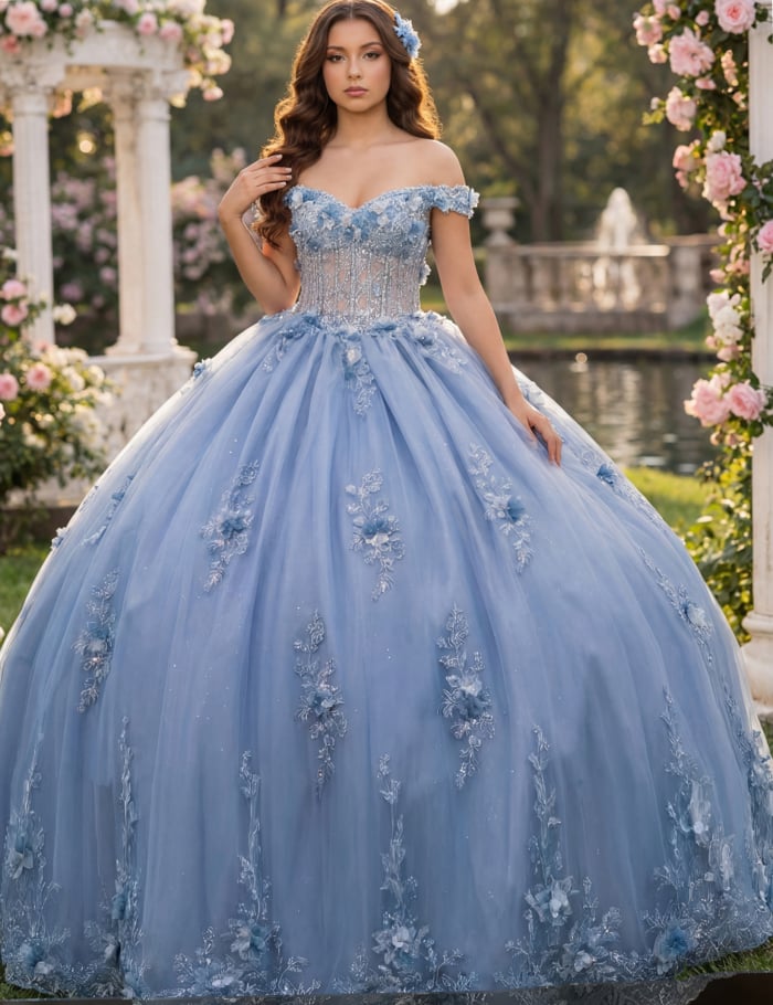 Blue embroidered ball gown