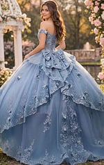 Blue off-shoulder ball gown back view