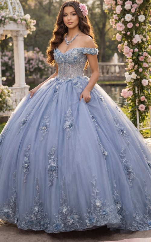 Blue floral appliqué quinceañera dress