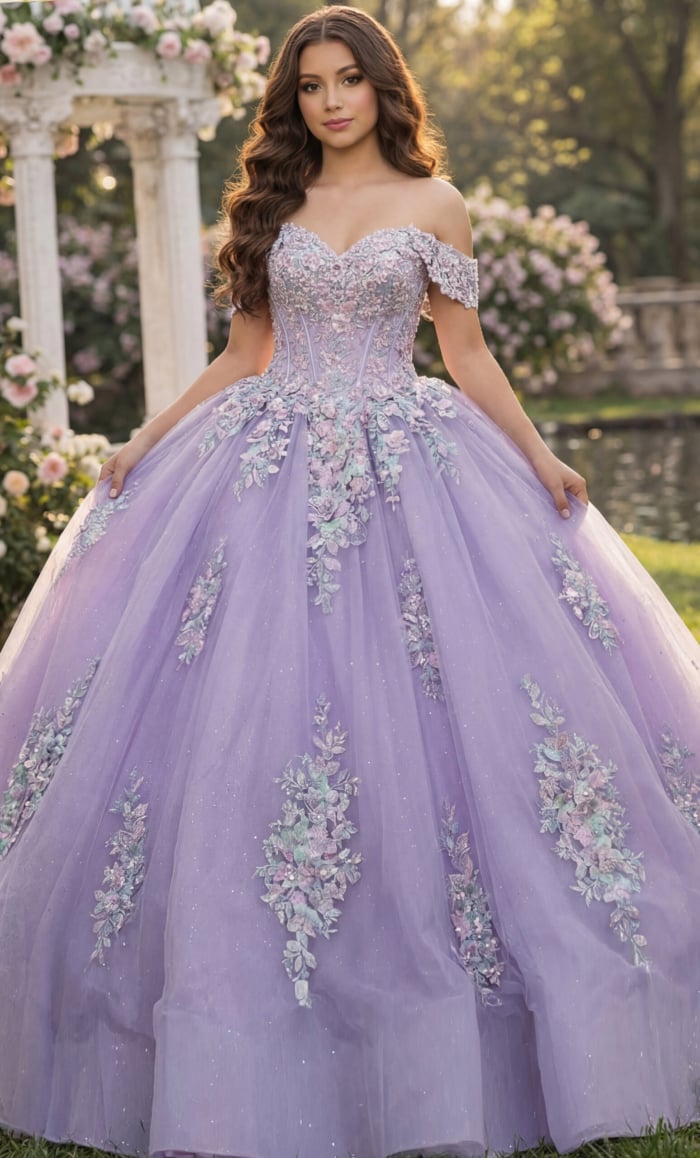Lavender floral appliqué ball gown
