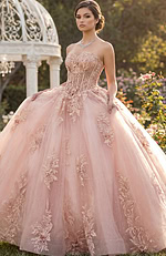 Strapless cat-eye corset ball gown in nude-blush with micro-sequin tulle.