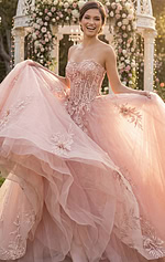 Strapless sweetheart ball gown with 3D floral appliqué