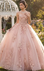 Strapless straight-neck corset ball gown with glitter tulle in champagne.
