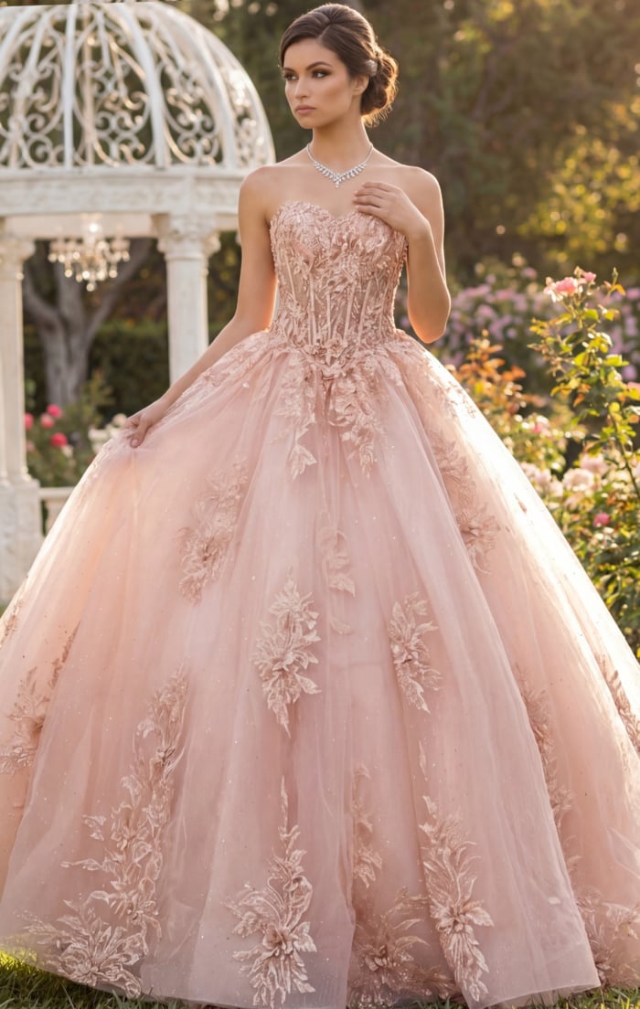 Strapless straight-neck corset ball gown with glitter tulle in champagne.