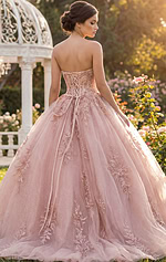 Strapless beaded bodice tulle ball gown with scattered lace motifs.