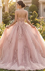 Strapless plunge corset ball gown with heavy lace placement on the skirt.