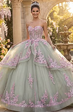 Strapless sage ball gown with pink lace trim and dramatic layered skirt