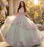 Champagne embroidered ball gown with crystal bodice and voluminous tulle skirt