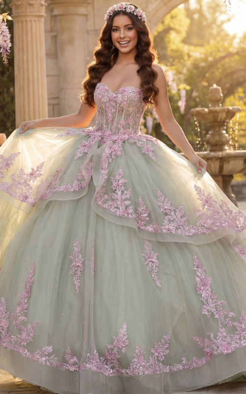 Champagne embroidered ball gown with crystal bodice and voluminous tulle skirt