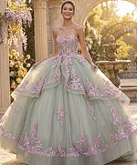 Strapless corset sage ball gown with pink floral embroidery and sparkle tulle