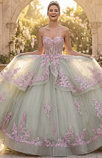 Sage quinceañera ball gown with pink appliqué hem and layered overskirt