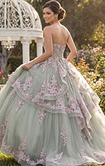 Embellished corset ball gown in sage tulle with pink lace detailing