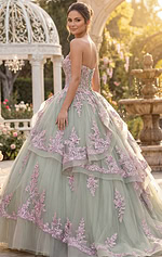 Tiered sage tulle princess gown with pink embroidered appliqués and full skirt