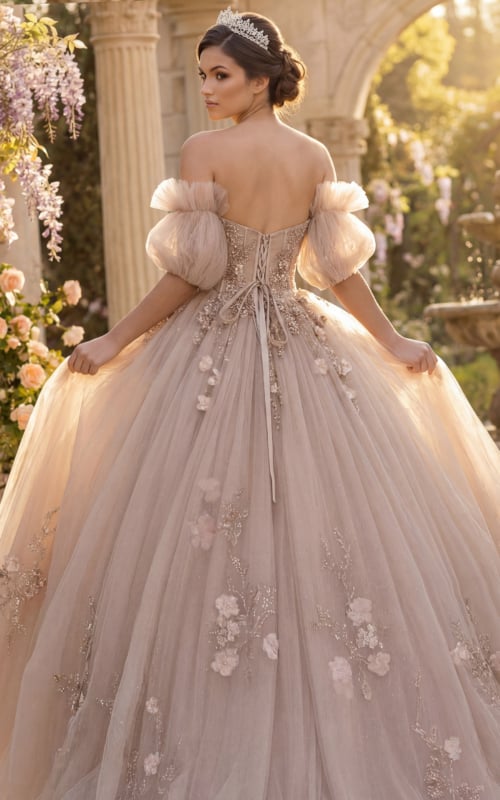 Beaded floral appliqué ball gown