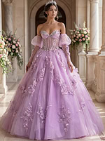 Lilac off-shoulder ball gown with sheer corset bodice, beading, and 3D floral appliqués