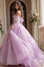 Side-view lavender quinceañera ball gown with corset bodice, sheer puff sleeves, and floral appliqué tulle layers