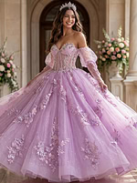 Lavender tulle ball gown with puff sleeves, embellished sweetheart bodice, and floral appliqué skirt