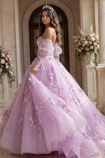 Lilac off-shoulder ball gown with puff sleeves, 3D floral appliqués, and glitter tulle skirt