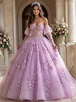 Off-shoulder lilac quinceañera gown with boned corset waist, glitter tulle layers, and 3D flowers