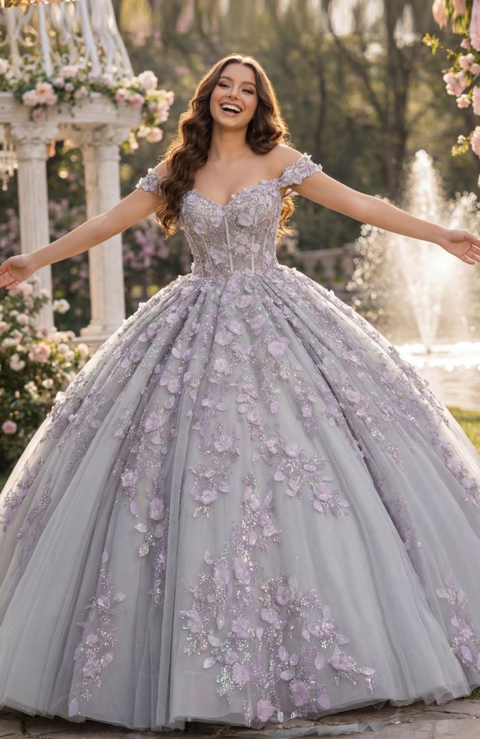 Sage tulle ball gown with lilac appliqué