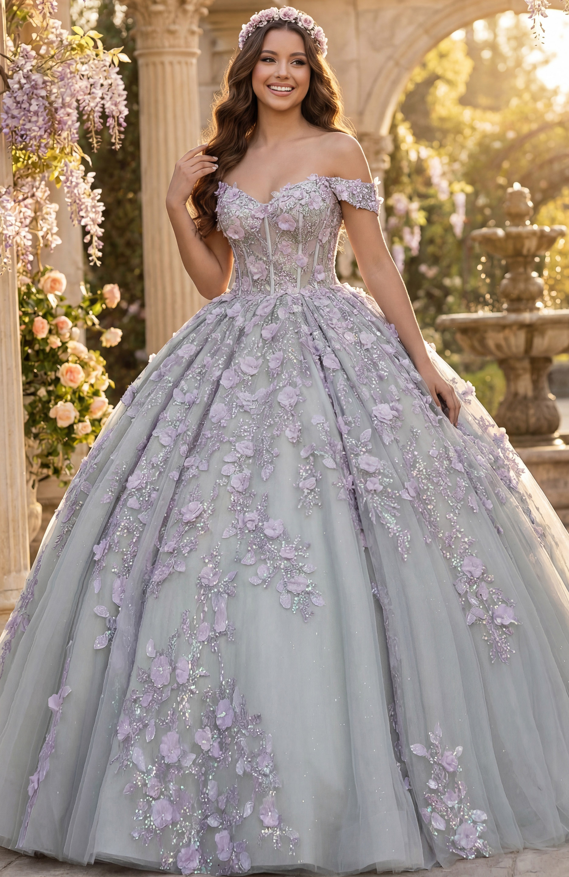 Q46665 Glitter tulle embroidered ball gown