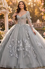 Silver gray ball gown with illusion corset bodice, beaded lace, and long sheer sleeves