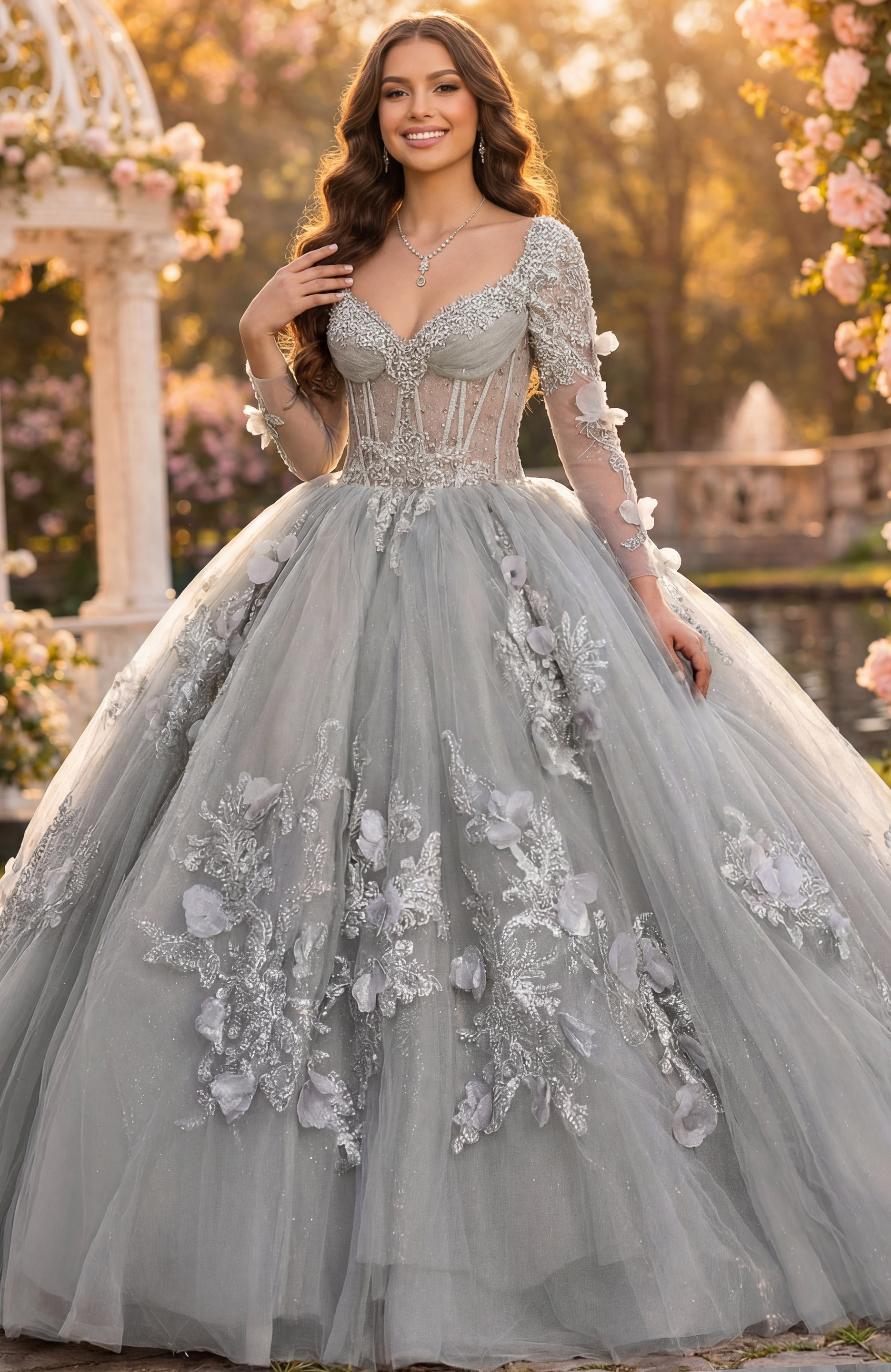 Q46666-2 Silver gray ball gown with illusion corset bodice, beaded lace, and long sheer sleeves