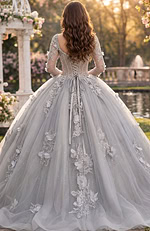 Lace-up back gray tulle ball gown with embroidered lace panels and scattered 3D flowers