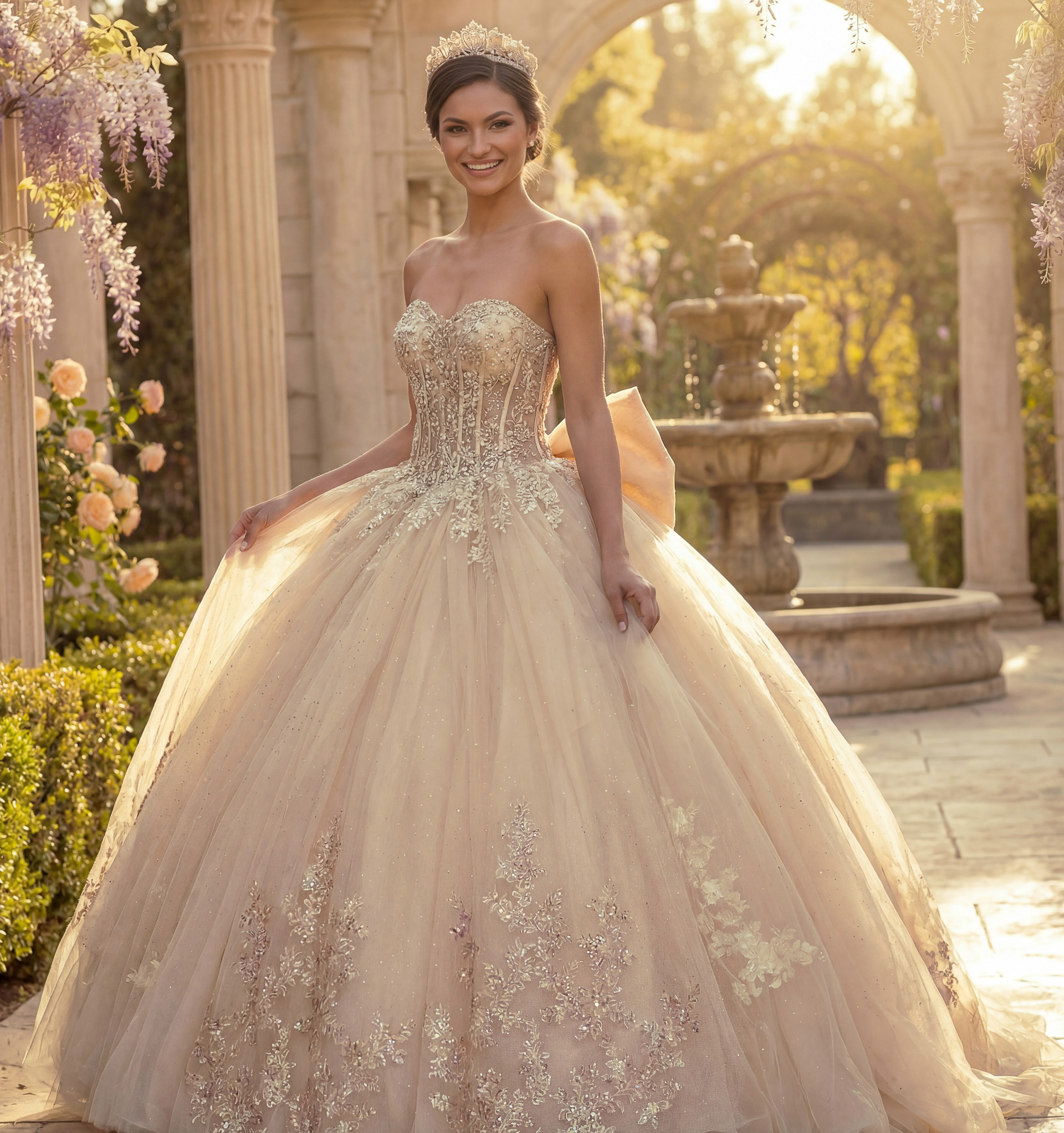 Q47374-1 Champagne strapless ball gown with beaded corset bodice and glitter tulle skirt