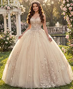 Sparkly champagne tulle ball gown with delicate floral appliqués and full skirt